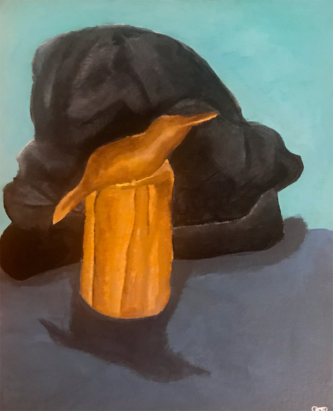 Still life of hummingbird statue & hat in acrylic